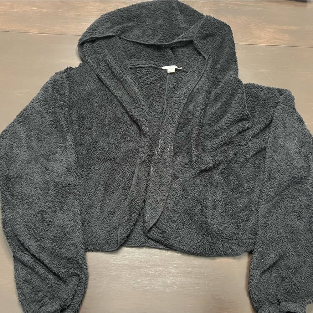 FAVLUX Fluffy Black Sherpa Teddy Open Front Jacket Coat Fall Spring Soft Cozy M